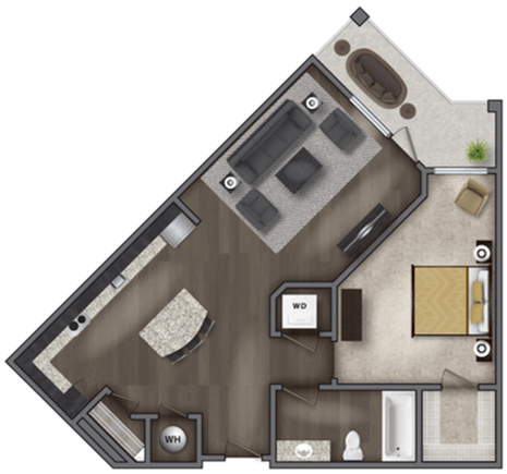 Floor plan for 1 bed, 1 bath, 696 sqft